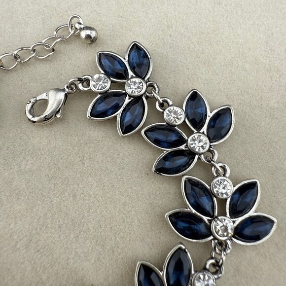 Floral Blue Rhinestone Bracelet With Silver-Tone Setting & Adjustable Lobster Cl - Picture 2 of 7